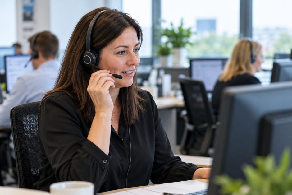 B2B telemarketer speaking with a prospect on the phone